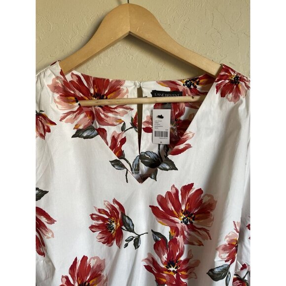 New! Lane Bryant White Red Floral Belted Peplum Top V-Neck Cotton Blend Short Sl - Picture 3 of 6